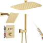 12 Inch Rain Shower System, Brushed Gold Shower Faucet Set with Push Button Diverter, 6 Inch Wall Mounted 3-Functions Bathroom Shower Systems with Dual-Function Handheld (Thermostatic, Gold Brushed)