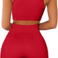 QINSEN Workout Outfits for Women 2 Piece Ribbed Seamless Crop Tank High Waist Yoga Leggings Sets