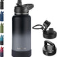 32oz Insulated Water Bottle with Straw, Stainless Steel Metal Vacuum Water Flask, Large Thermal Water bottle with Leakproof 3 Lids for Travel, Camping, Gym Sports Black Gray