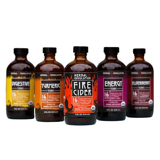 Herbal Revolution Fire Cider Apple Cider Vinegar - Certified Organic Non-GMO ACV Infused with Ginger, Horseradish, Hot Peppers, Honey, and More - Made Using Regenerative Farming Practices 8 Oz