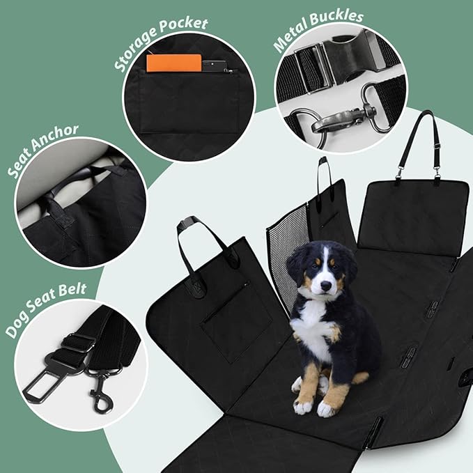Dog Car Seat Cover for Back Seats 100% Waterproof with Metal Buckle Mesh Window Scratch Proof Heavy Duty Rear Backseat Protector Hammock for Pet, SUV Truck Vehicle Accessories, 54" x 58", Black