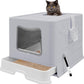 XL Foldable Cat Litter Box with Lid - Jumbo Enclosed Potty - Top Entry Anti-Splashing Toilet - Includes Scoop & 2-in-1 Cleaning Brush (Grey)