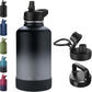 64oz Insulated Water Bottle with Straw, Half Gallon Stainless Steel Vacuum Water Jug, Large Thermal Water Bottle Flask with Leakproof 3 Lids for Travel, Camping, Gym Sports Black Gray