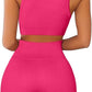 QINSEN Workout Outfits for Women 2 Piece Ribbed Seamless Crop Tank High Waist Yoga Leggings Sets