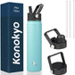Insulated Water Bottle 24oz Stainless Steel Sport Bottles with 3 Lids,Turquoise