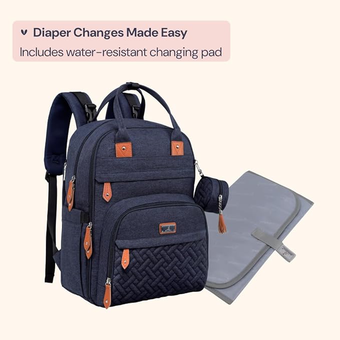 BabbleRoo Diaper Bag Backpack - Baby Essentials Travel Tote - Multi Function Waterproof Diaper Bag, Travel Essentials Baby Bag with Changing Pad, Stroller Straps & Pacifier Case - Unisex, Navy Blue