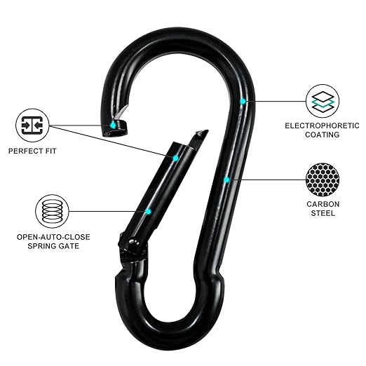 KINLINK 1 Pack Black Carabiner Clip, 7 inch Heavy Duty Spring Snap Hook, Large Caribeener Clips for Camping, Swing Set, Hammock, Hiking, Travel, Weight Lifting Machine, Home Gym Equipment