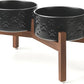 SPUNKYJUNKY Ceramic Elevated Dog Bowl Set with Acacia Wood Stand for Food and Water for Medium Dogs (42.27 OZ, Black, Dog Paw Pattern)