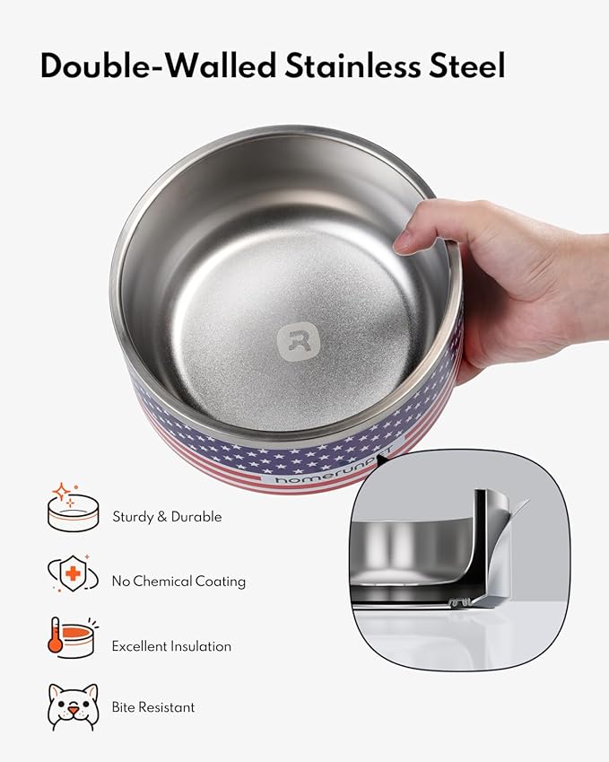 Dog Bowl, HomeRunPet Dog Food Water Bowl with Non-Slip Rubber Base, Metal Insulated Stainless Steel Dog Bowls, Double Wall Dog Bowl for Small Medium Large Dogs, Durable, Dishwasher Safe, 64oz