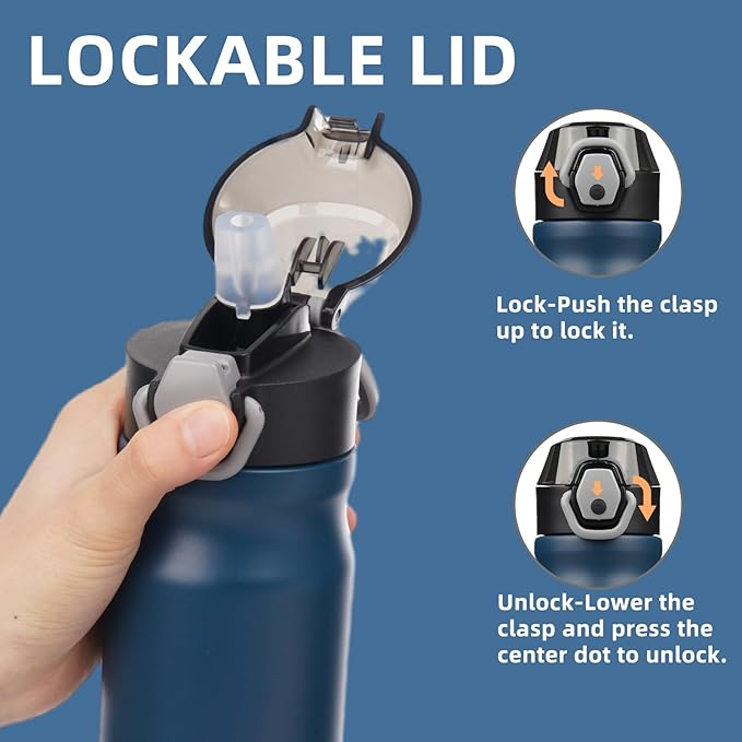 Insulated Water Bottle with Straw and Carry Loop,18 oz Stainless Steel Double Wall Vaccum Metal Water Flask with Leak-proof Lid,Navy blue