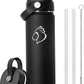 BUZIO 24 oz Insulated Water Bottle, Stainless Steel Wide Mouth Water Flask with Straw Lid, Cold for 48 Hrs Leak Proof Metal Hydro Thermo Canteen Mug, Black