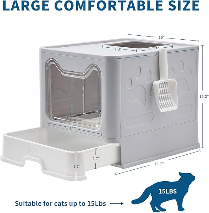 Cat Litter Box with Litter Mat and Scoop, Large Foldable Litter Box with Lid, Front Entry Top Exit Kitty Box, Odor Control, Easy to Clean (Grey)