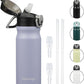 Insulated Water Bottle with Straw and Carry Loop,18 oz Stainless Steel Double Wall Vaccum Metal Water Flask with Leak-proof Lid,Light Purple