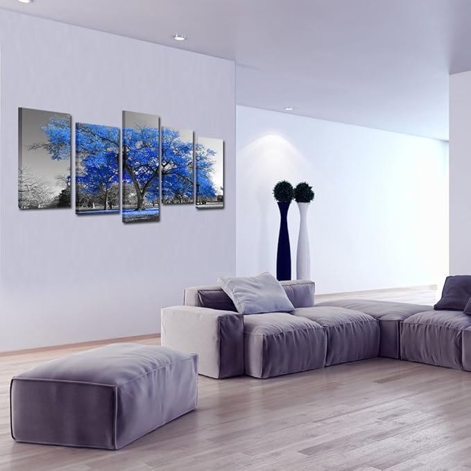 KREATIVE ARTS Canvas Print Wall Art Painting Contemporary Blue Tree In Black And White Style Fall Landscape Picture Modern Giclee Stretched And Framed Artwork