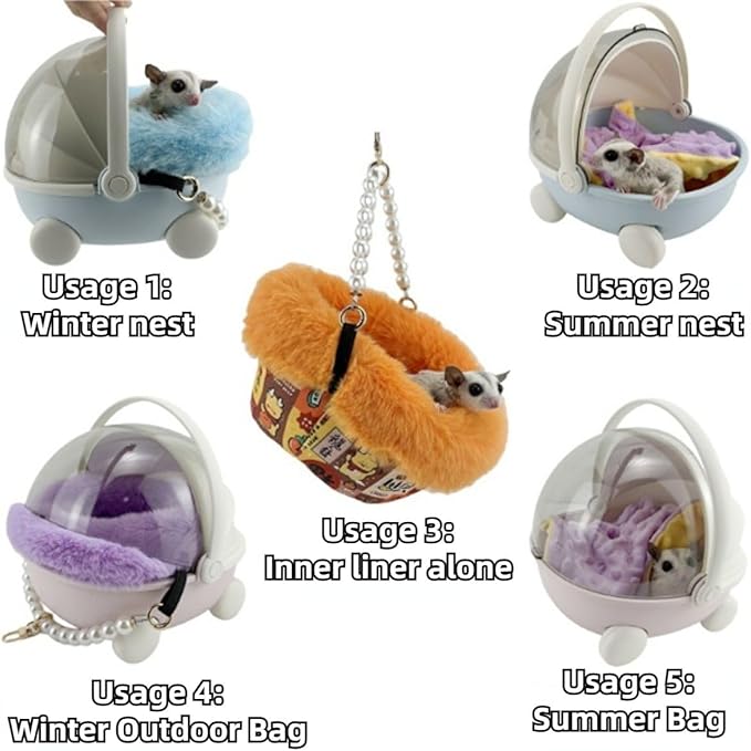 Sugar Glider Carrier Cage with Warm Nest, Cushion, Mat and Safe Lock, Portable Cages with Chain, Small Animals Travel Carrier Plastic Breathable Outgoing Box for Hamsters (Yellow)