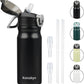 Insulated Water Bottle with Straw and Carry Loop,18 oz Stainless Steel Double Wall Vaccum Metal Water Flask with Leak-proof Lid,Black