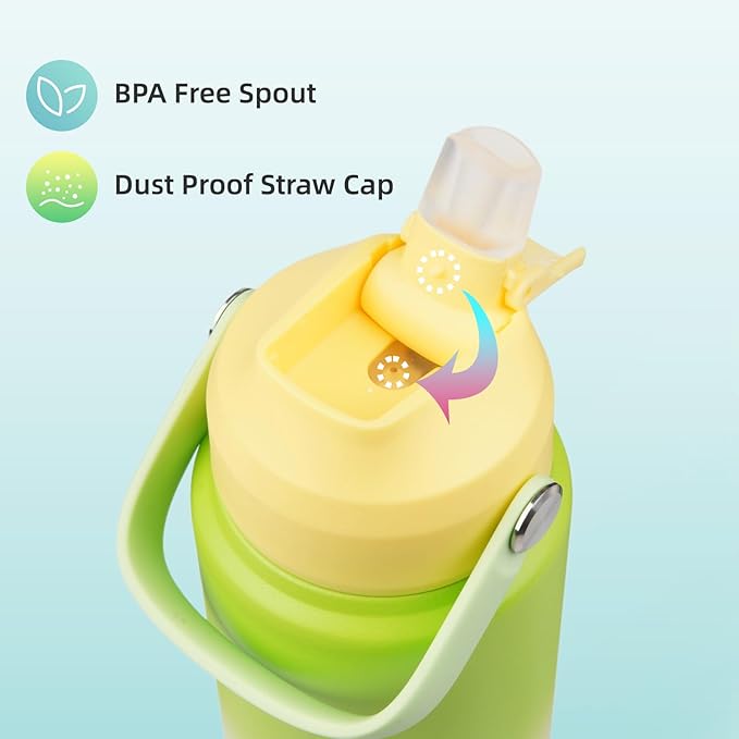 Insulated Water Bottle with Straw Lid,24 oz Stainless Steel Vacuum Metal Bottle with Silicone Handle,GreenWhite