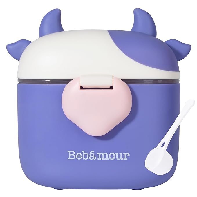 Bebamour Baby Formula Dispenser On The Go, Formula Container to Go, Formula Holder for Travel, Candy Fruit Snack Storage Container with Scoop and Leveller (Purple Cow)
