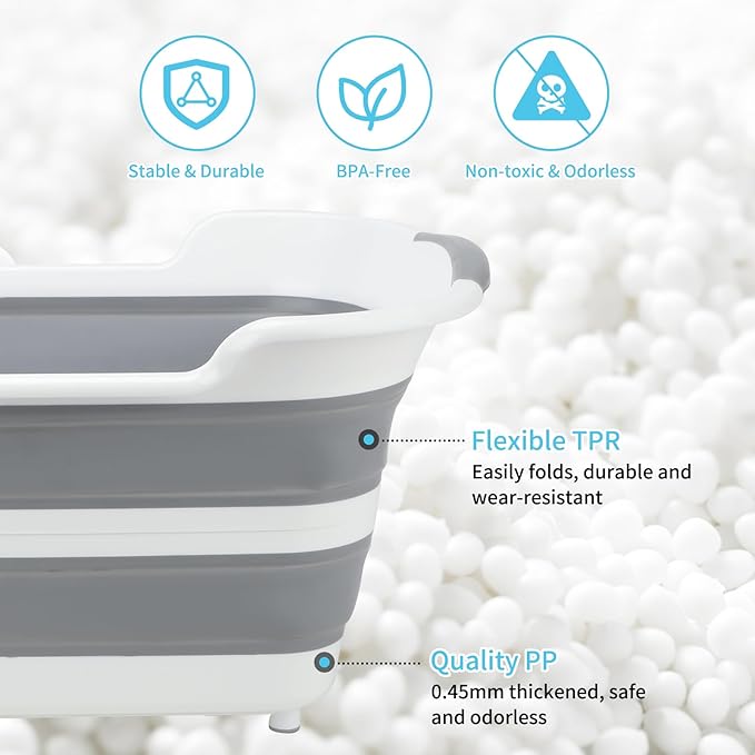 FHTONGE 7.13 Gal/27L Raised Collapsible Dog Bathtub with Drain Hair Catcher, Multifunctional Pet Washtub for Small to M Dog, Portable Puppy Tub Cat Shower Basin Laundry Basket Storage Organize Bucket