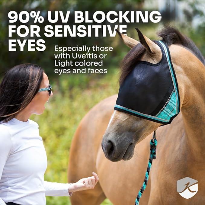 Kensington 90% UV Fly Mask Halter CatchMask UViator - Without Ears & Forelock Freedom Web Trim *Roomy Fit*- Large, Imperial Jade