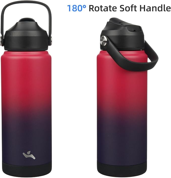 Insulated Water Bottle with Straw Lid,24 oz Stainless Steel Vacuum Metal Bottle with Silicone Handle,Rosy Red