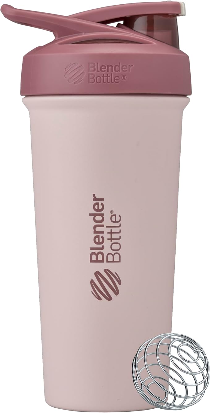 BlenderBottle Strada Sleek Shaker Cup Insulated Stainless Steel Water Bottle with Wire Whisk, 25-Ounce, Red/Tan (Sahara Sunset)