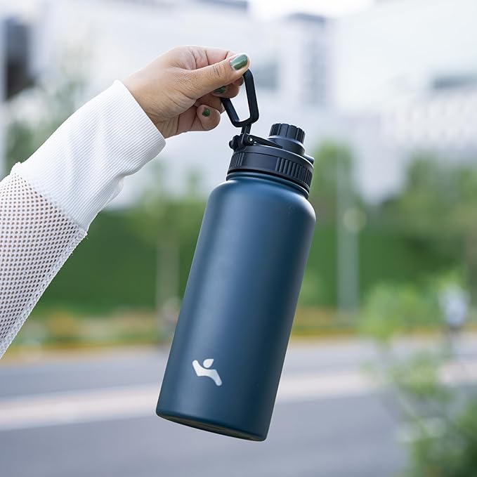 32 oz Insulated Water Bottle Stainless Steel Sport Bottles with 3 Lids,Navy Blue
