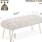 46 Inch White Bedroom Bench, Benches for Bedroom White Faux Fur Upholstered Bed end Bench, Tufting Ottoman Bench Indoor Bench with Metal Legs for Living Room Bedroom Entryway, White