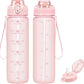32oz Motivational Water Bottles with Time Marker & Fruit Strainer, Transparent Gradient Color Water Bottle with Times to Drink, Leakproof & BPA Free, Reusable Bottle with Strap (No Straw)