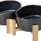 SPUNKYJUNKY 15° Slanted Ceramic Dog and Cat Bowl with Wooden Stand, Tilted Bulldog Food and Water Bowl No Slip Non-Spill for Cats Medium Dogs Big Face Pets 28.7 OZ (3.6 Cups, Starry Blue × 2)
