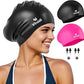 2 Pack Swim Cap for Women Men Adult, Silicone Swimming Caps for Short Long Hair, Waterproof Swim Hats Bathing Caps to Keep Hair Dry with Nose Clip and Earplugs