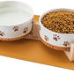 Ceramic Dog Bowls for Small and Medium Dogs, 32 OZ Dog Food and Water Bowl Set with Wooden Stand and Non-Slip Silicone Food Mat, Weighted Embossed Cute Puppy Bowls Feeding Dishes Set of 2