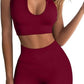 QINSEN Workout Outfits for Women 2 Piece Ribbed Seamless Crop Tank High Waist Yoga Leggings Sets