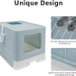 XL Foldable Cat Litter Box with Lid - Jumbo Enclosed Potty - Top Entry Anti-Splashing Toilet - Includes Scoop & 2-in-1 Cleaning Brush (Blue