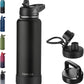 40oz Insulated Water Bottle with Straw, Stainless Steel Metal Vacuum Water Flask, Large Thermal Water bottle with Leakproof 3 Lids for Travel, Camping, Gym Sports Black