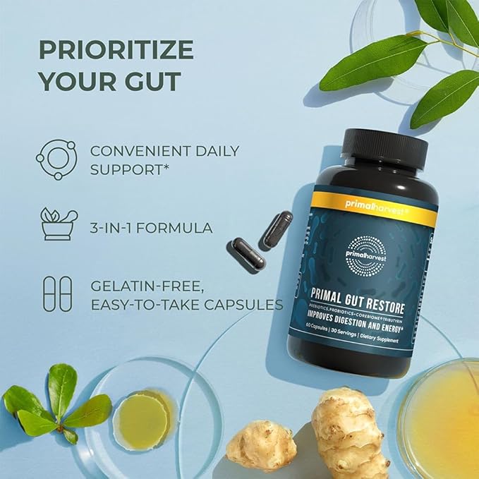 Primal Harvest Restore for Gut Health, Primal Gut Restore w/POSTbiotics, PREbiotics and PRObiotics for Women and Men, 60 CT - Digestion, Colon Cleanse, Immunity Support - Helps Leaky Gut Repair