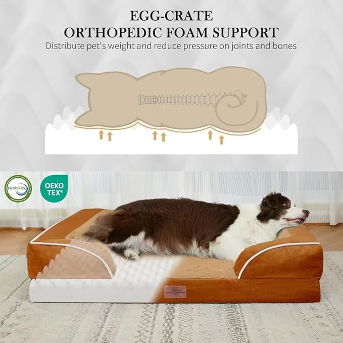 Comfort Expression Large Dog Beds Waterproof Orthopedic Foam Dog Sofa Beds Comfy Pet Bed with Washable Removable Cover & Non-Slip Bottom(Large,Caramel)