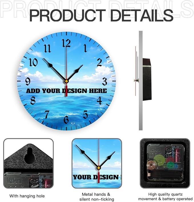 Generic Custom Wall Clock Personalized Clocks with Photo Text Logo Silent Non Ticking Round Decoration for Kitchen Wedding Friend Family Lover, 10inch-25cm