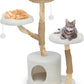 Modern Cat Tree Tower, Solid Wood Multi-Level w/ 2 Flower Perches, Scratching Post, Hanging Ball - Luxury Boho Cat Furniture w/Condo & Wicker Basket for Indoor Cats