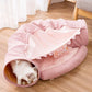 2 in 1 Cat Tunnel Bed Tube with Cushion and Plush Ball Toy Playground Crinkle Collapsible for Large Cats Kittens Kitty Puppy Small Dog Foldable Soft Pet Play Bed Indoor Outdoor- Pink Cat Tunnel Bed