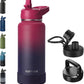 32oz Insulated Water Bottle with Straw, Stainless Steel Metal Vacuum Water Flask, Large Thermal Water bottle with Leakproof 3 Lids for Travel, Camping, Gym Sports Dark Rainbow