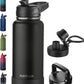 32oz Insulated Water Bottle with Straw, Stainless Steel Metal Vacuum Water Flask, Large Thermal Water bottle with Leakproof 3 Lids for Travel, Camping, Gym Sports Black