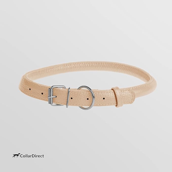 CollarDirect Rolled Leather Dog Collar, Soft Padded Round Puppy Collar, Handmade Genuine Leather Collar Dog Small Large Cat Collars 13 Colors (13-16 Inch, Beige Textured)