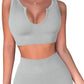 QINSEN Workout Outfits for Women 2 Piece Ribbed Seamless Crop Tank High Waist Yoga Leggings Sets