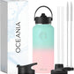 Oceania Flask 32oz Stainless Steel Water Bottle | Modern, Leakproof, Hydro BPA-Free, Insulated Water Bottle with 3 Lids, 3 Straws & 2 Straw Cleaning Brushes | Simple Camping & Hiking Water Bottles