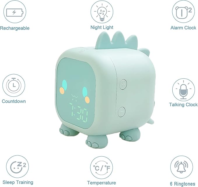 Kids Alarm Clock Girls Green Dinosaur Alarm Clocks with Night Light Bluetooth Digital Alarm Clock for Kids Girls Children