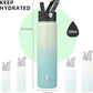 Insulated Water Bottle 24oz Stainless Steel Sport Bottles with 3 Lids,Mint