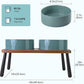 SPUNKYJUNKY Ceramic Elevated Dog Bowls Raised with Acacia Bamboo Wooden Stand, 8.3'' Dog Food Water Bowls Set Non-Slip for Medium Large Sized Breed Microwave Dishwasher Safe - 60 OZ,Dark Green