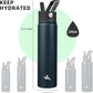 Insulated Water Bottle 24oz Stainless Steel Sport Bottles with 3 Lids,Navy Blue