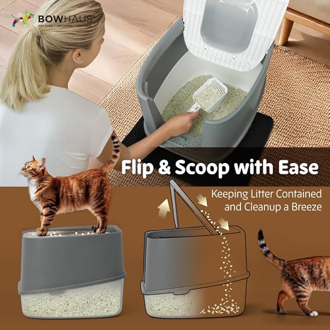 Fully Enclosed Cat Litter Box w/Lid, Scoop, Cat Mat & Odor Fitter, Large Plastic Cat Toilet with Double Door, Anti-Splashing Cat Litter Box with Lockable Front Door, Blue